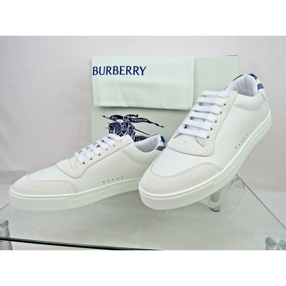 NIB BURBERRY ROBIN WHITE BLUE CHECK LEATHER LOW LOGO SNEAKERS US 11.5 44.5 IT - Picture 8 of 13